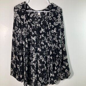 Womens Old Navy V Neck Tie Boho Floral Tunic‎ 2X Long Sleeve Black White Rayon